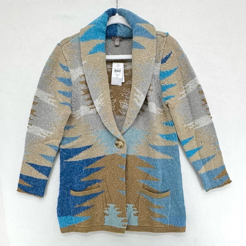 J. Jill Cardigan Sweater Womens Small Petite Blue Tan Southwestern Shawl Collar